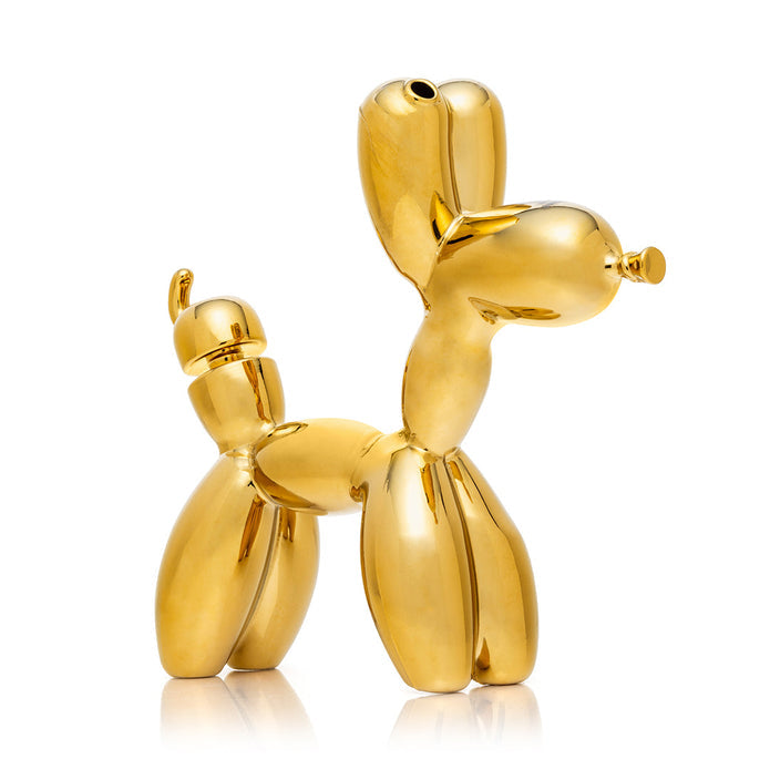 Front view gold balloon dog XL bong showing ear mouthpiece, upright legs base, and playful balloon-animal shape