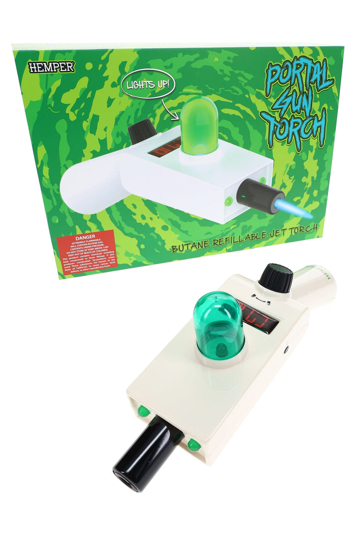 Hemper Portal Gun sci-fi jet torch displayed in front of bright green retail box with swirling portal artwork and blue flame graphic.