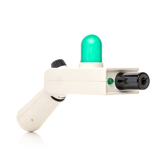 Side profile of white Hemper Portal Gun dab torch with pistol grip handle, green LED dome and black barrel nozzle on white background.