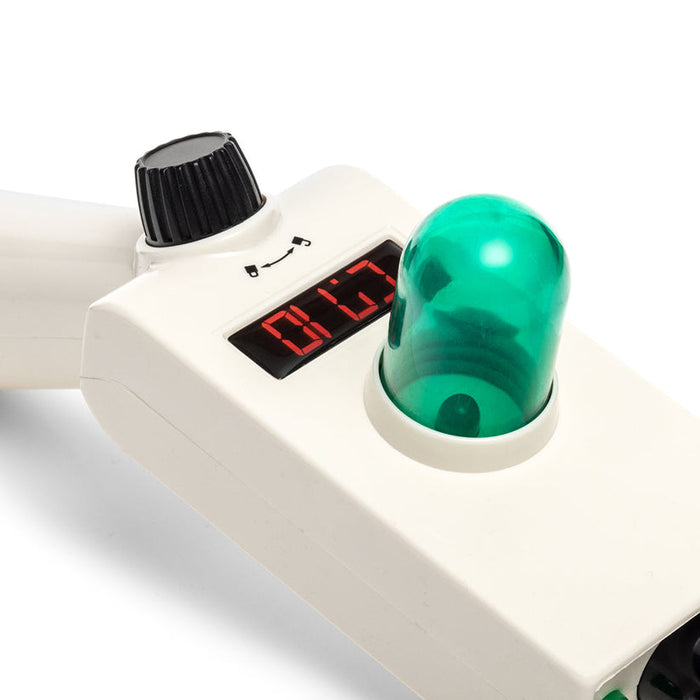 Close-up of Hemper Portal Gun torch top highlighting flame control dial, red display window and glowing green LED dome.