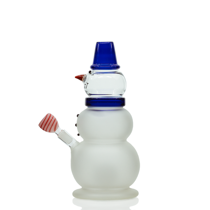 Side profile of Hemper Snowman XL bong highlighting frosted snowman shape, blue hat mouthpiece and angled peppermint-striped herb bowl.