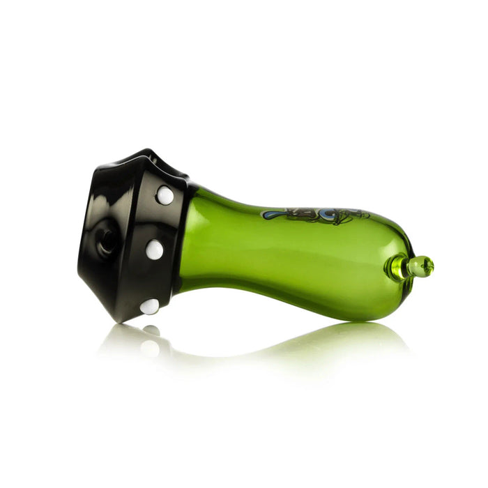Angled green alien-themed glass hand pipe showing black saucer base, bowl opening, and mouthpiece