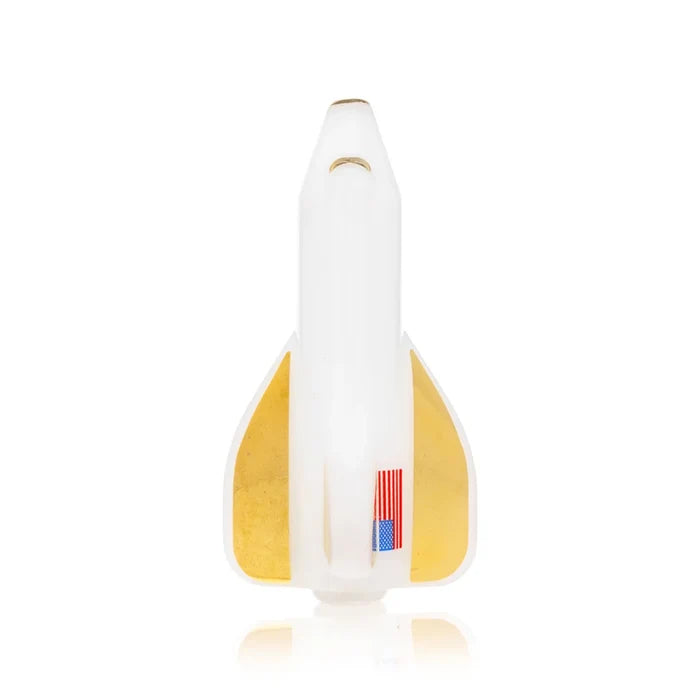 Side view of Hemper space shuttle glass hand pipe with black thruster and American flag artwork