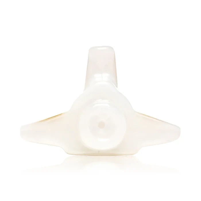 Angled Hemper space shuttle hand pipe showing opaque white glass body and miniature shuttle shape