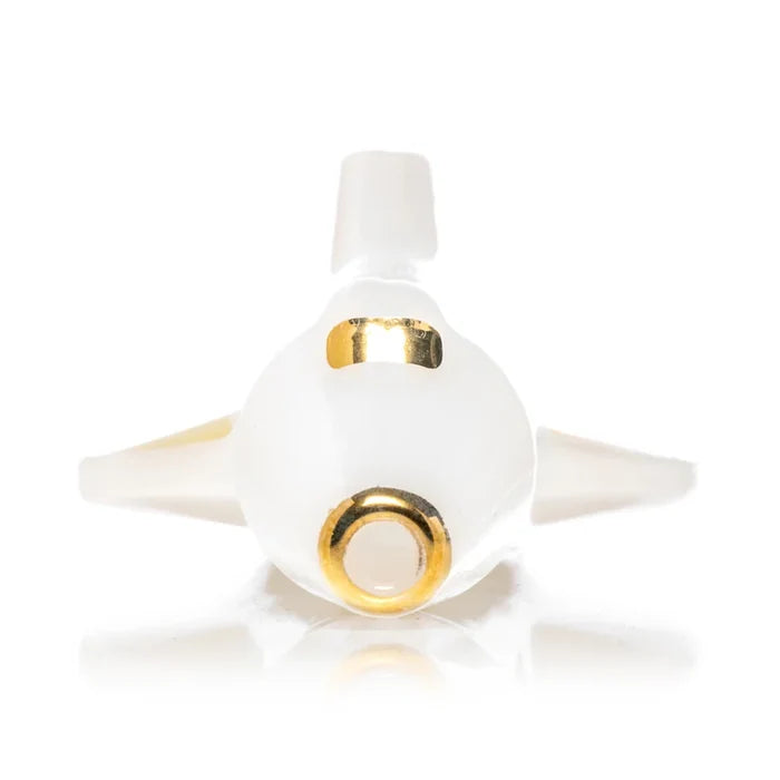 Front view of Hemper space shuttle glass pipe with rounded nose, gold accents, and black thruster