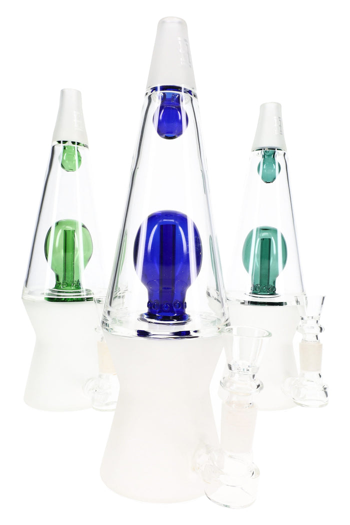 Three Hemper That 70’s XL glass bongs grouped in teal, blue, and green accents for color comparison display