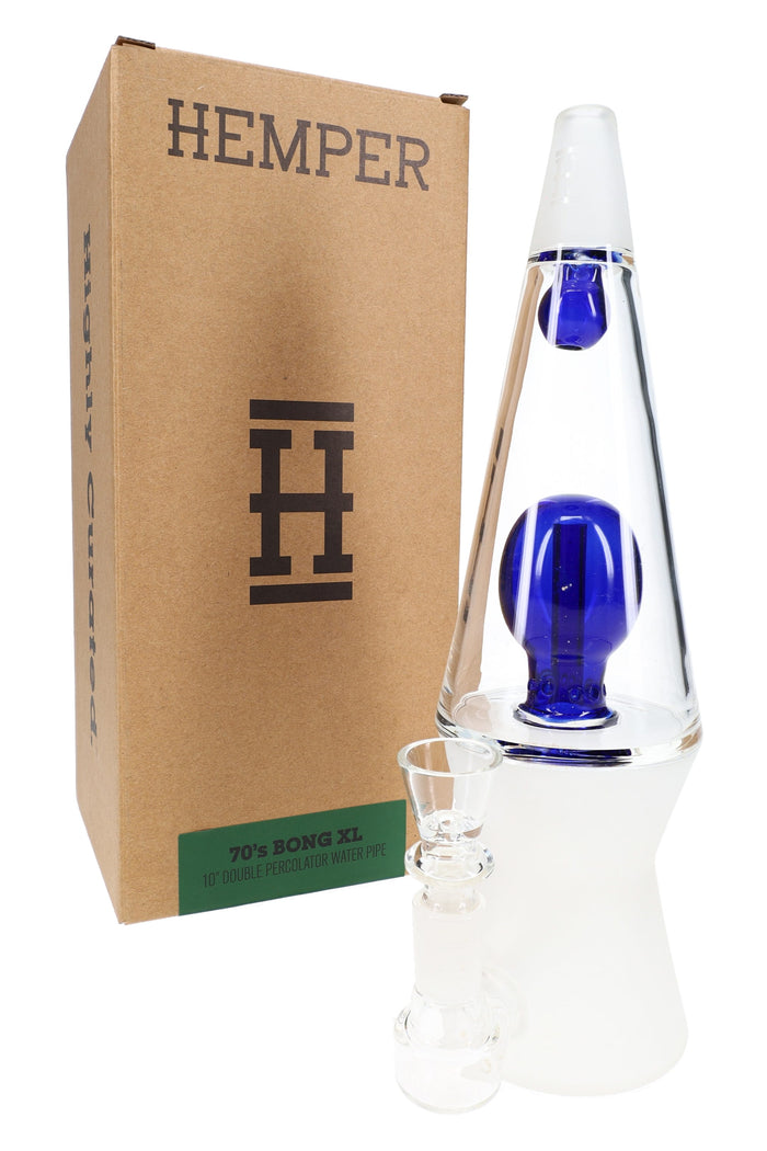 Hemper retail box beside blue-accent That 70’s XL glass bong with bowl installed, stemless 10.5″ setup