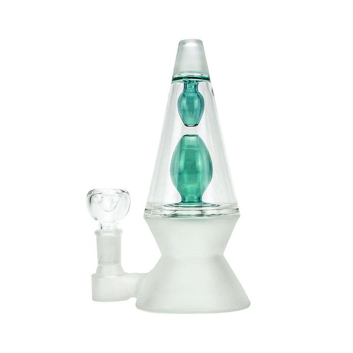 Teal-accent 10.5″ Hemper That 70’s XL glass bong side view showing lava-lamp shape and stemless joint