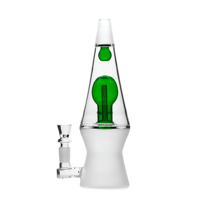 Green-accent 10.5″ Hemper That 70’s XL glass bong side view showing lava-lamp shape and stemless joint