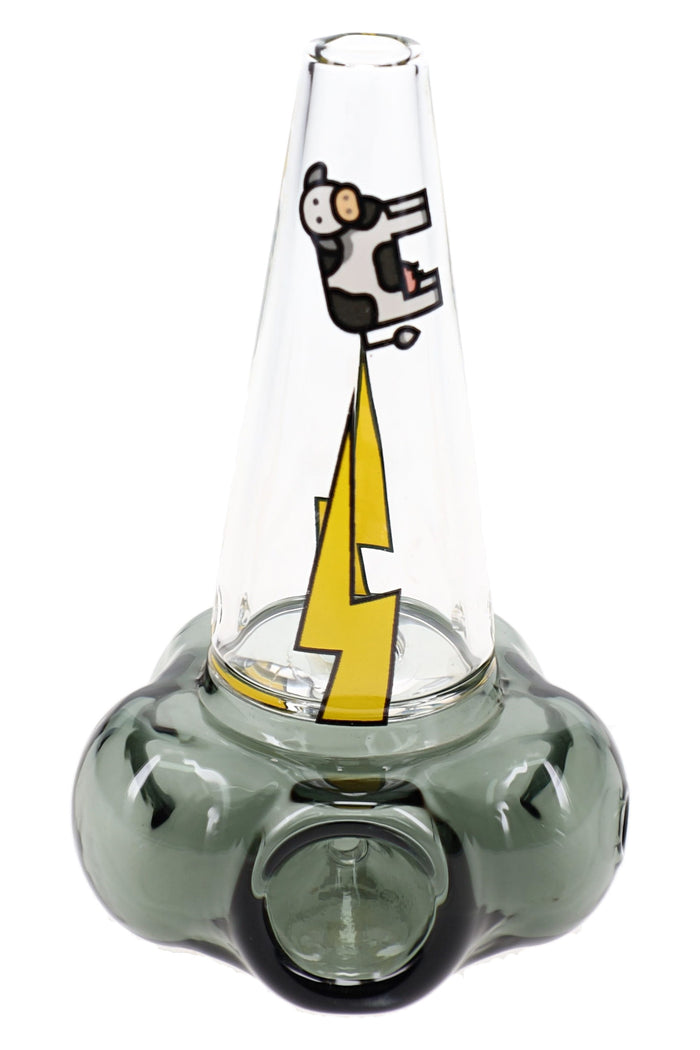 HEMPER Tornado glass hand pipe with smoky cloud bowl, clear mouthpiece, and yellow bolt decals