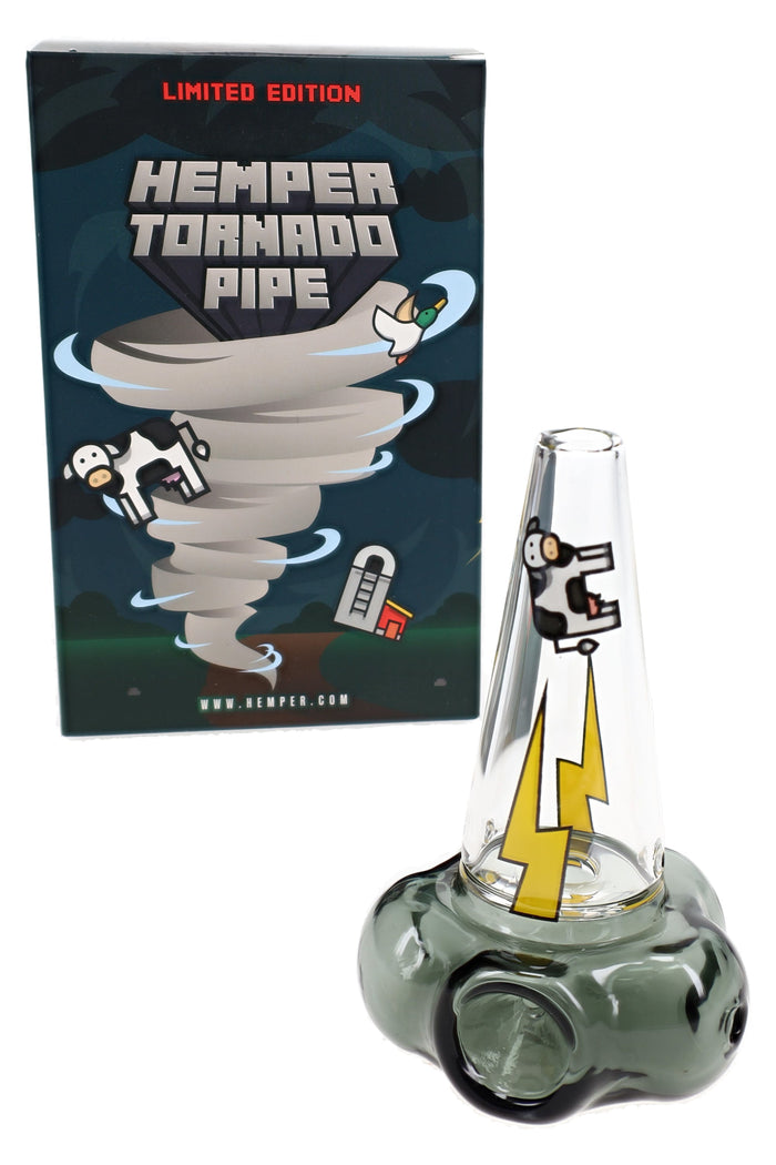 Side view of tornado-themed glass hand pipe showing cloud base, cow graphic, and tapered mouthpiece