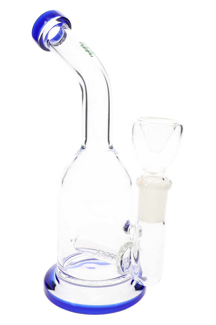 Clear 6½ inch Hemper Whistler glass bong with blue-accent mouthpiece and base, inline perc and 14 mm bowl on white background.
