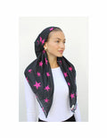 Pre-tied headscarf, black with hot pink star print and velvet-grip edge