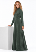 Hunter green suede maxi dress with long sleeves, high neckline, and flared skirt