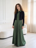 Hunter green suede maxi jumper dress with front pockets and button placket