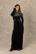 Hunter green velvet long sleeve maxi dress with front knot detail.