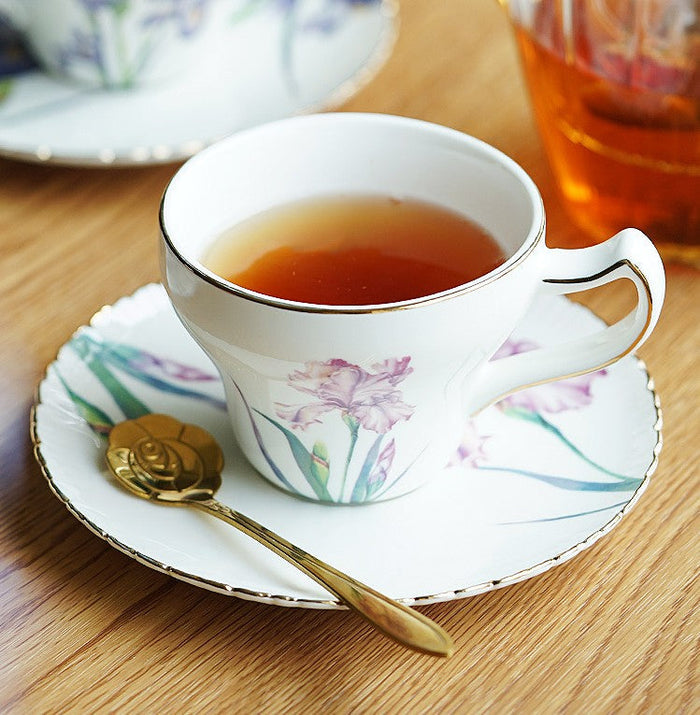 Iris Flower British Tea Cups, Beautiful Porcelain Tea Cup Saucer Set, Traditional English Tea Cup and Saucer, Unique Ceramic Coffee Cups in Gift Box-Paintingforhome