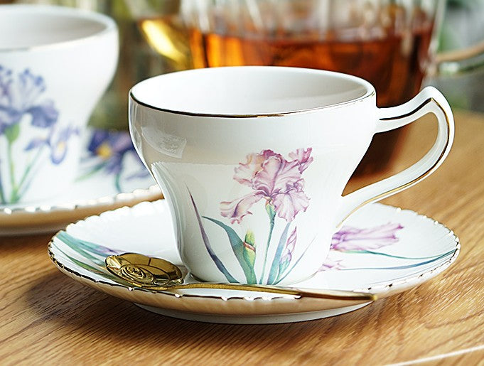 Iris Flower British Tea Cups, Beautiful Porcelain Tea Cup Saucer Set, Traditional English Tea Cup and Saucer, Unique Ceramic Coffee Cups in Gift Box-Paintingforhome