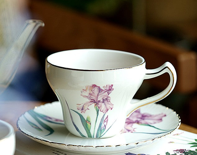 Iris Flower British Tea Cups, Beautiful Porcelain Tea Cup Saucer Set, Traditional English Tea Cup and Saucer, Unique Ceramic Coffee Cups in Gift Box-Paintingforhome