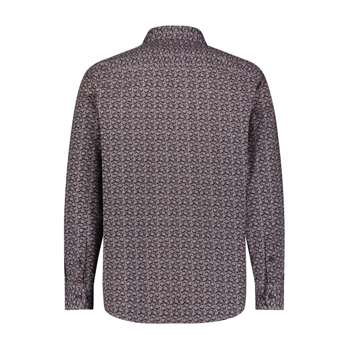 Back of circular patterned shirt on a white background
