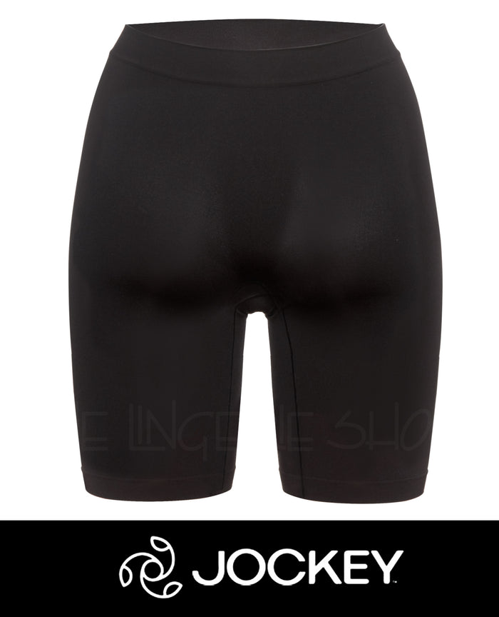 Black microfiber slipshort with smooth waistband and mid-thigh length