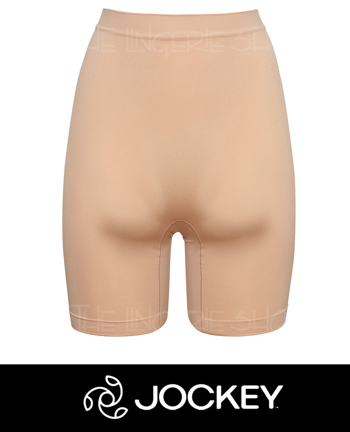 Beige microfiber slipshort with smooth waistband and mid-thigh length