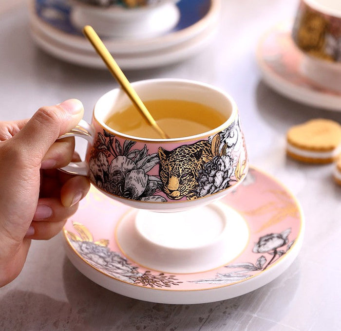 Jungle Tiger Cheetah Porcelain Tea Cups, Creative Ceramic Cup and Saucer, Unique Ceramic Coffee Cups with Gold Trim and Gift Box-Paintingforhome