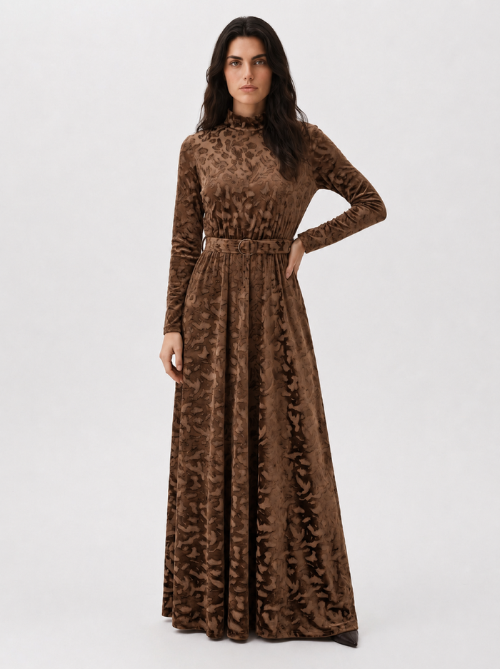 Light brown patterned velvet long sleeve maxi dress with mock turtle neck collar and metal loop self belt.
