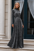Dark gray abstract-print belted maxi dress with long sleeves and high neckline, full length