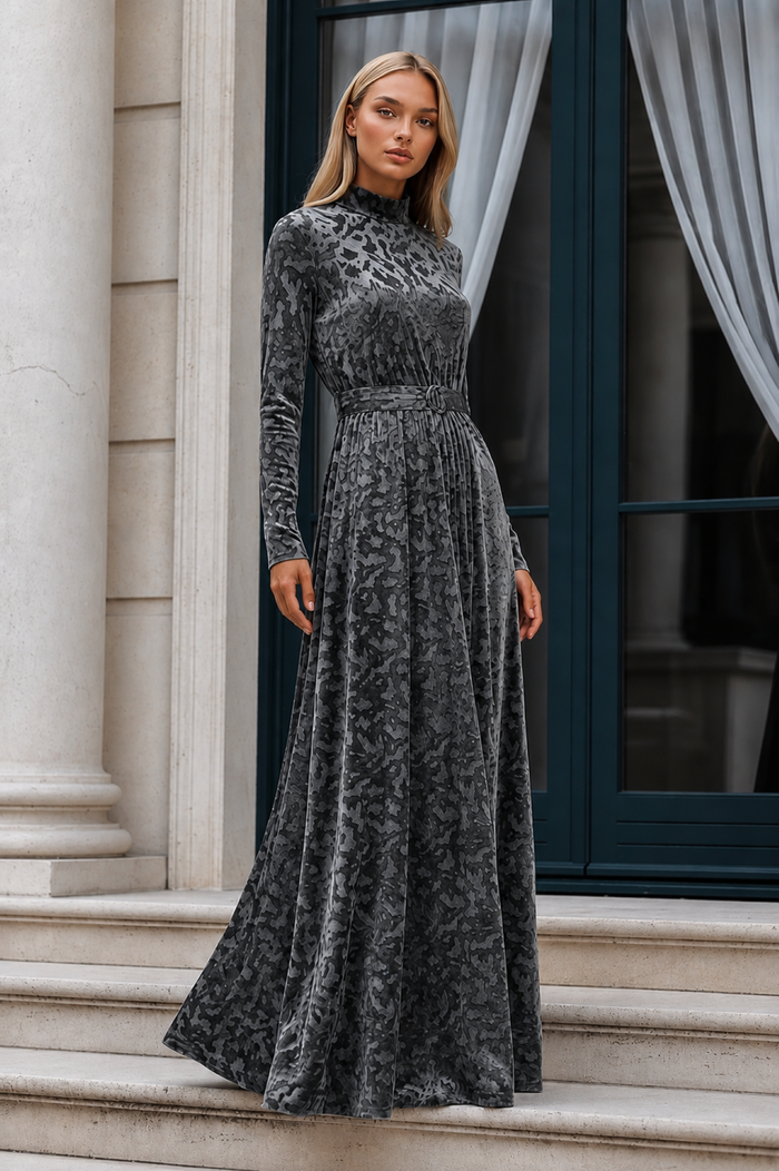 Dark gray abstract-print belted maxi dress with long sleeves and high neckline, full length