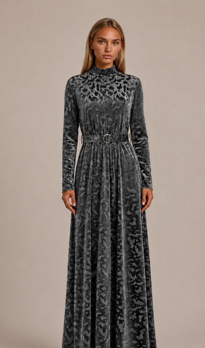 Dark gray belted maxi dress with high neck, long sleeves, and abstract animal print