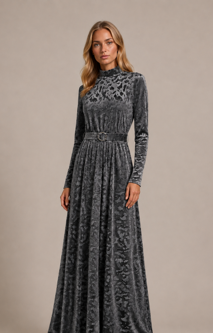 High-neck belted maxi dress with long sleeves in dark gray and abstract animal print