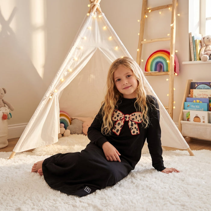 Kids black long-sleeve nightgown with leopard bow print and matching pants