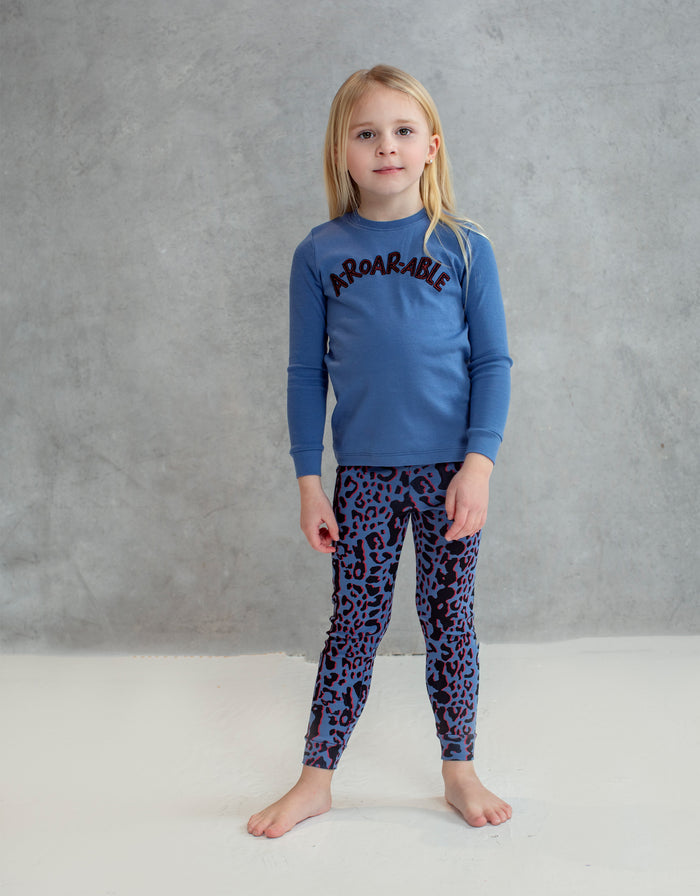 Kids pima cotton playwear set with blue graphic long-sleeve top and leopard-print leggings
