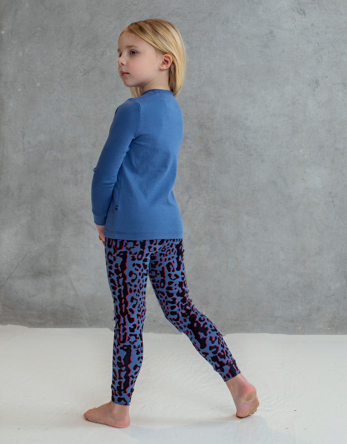 Kids pima cotton playwear set, blue long-sleeve top and leopard-print leggings