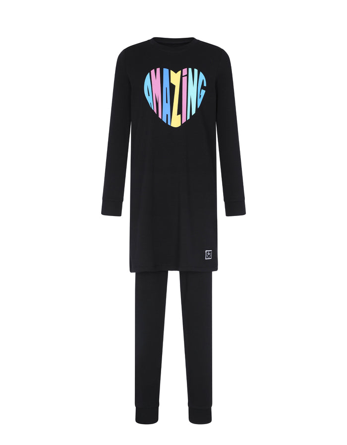 Kids black long-sleeve tunic and leggings set, heart logo front