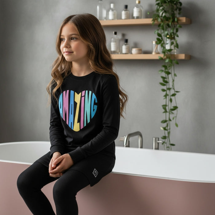 Kids black tunic set with colorful heart graphic and matching leggings