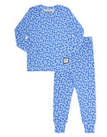Kids' blue leopard print pajama set with long-sleeve top and matching pants