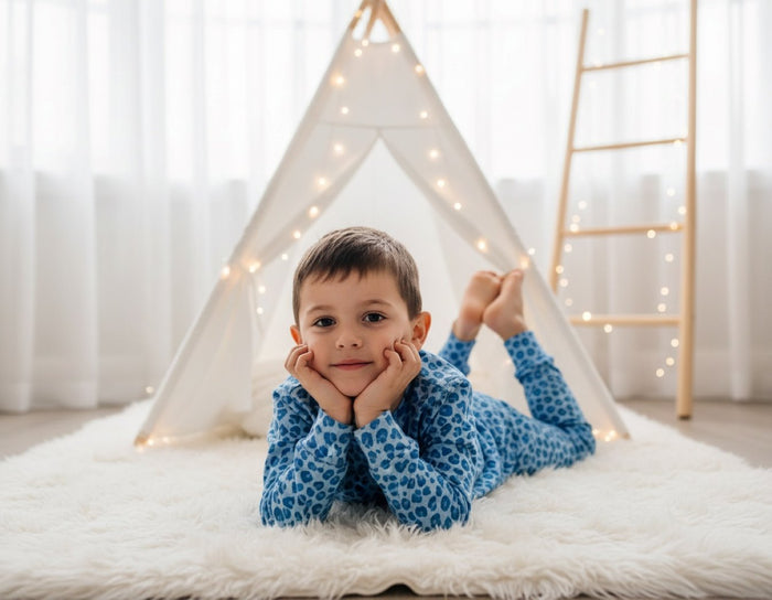 Kids' blue leopard print pajama set worn by child, long sleeves and pants