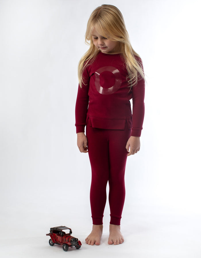 Burgundy kids two-piece playwear set: long-sleeve circle shirt and fitted leggings