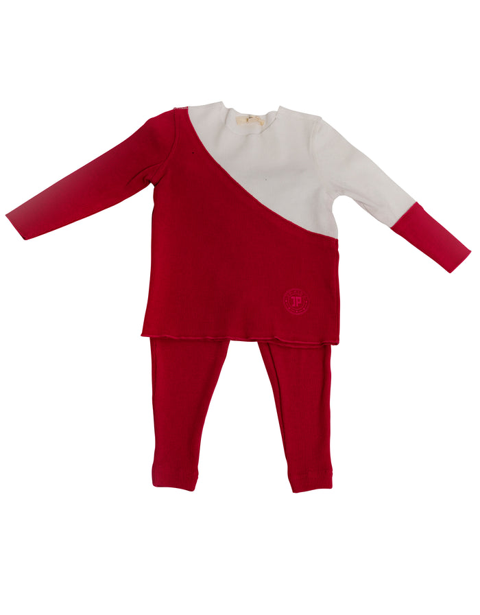 Kids cotton colorblock playwear set with red long-sleeve top and red leggings