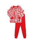 Kids red pima cotton pajama set with long-sleeve grid print top and matching leggings