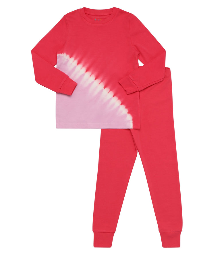 Kids pink tie-dye pajama set: long-sleeve top and matching jogger pants