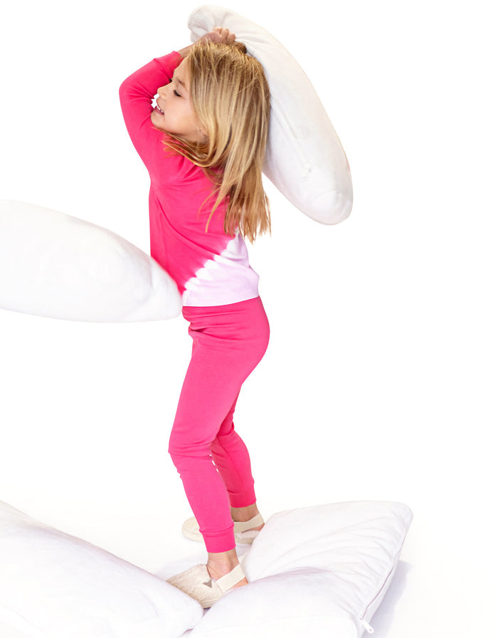 Kids pink diagonal tie-dye pajama set with long-sleeve top and leggings