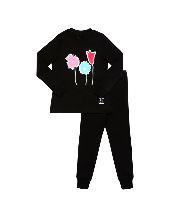 Kids black cotton pajama set with long-sleeve top and leggings, flower graphic
