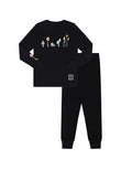 Kids black long-sleeve pajama set with colorful mushroom graphic and matching pants