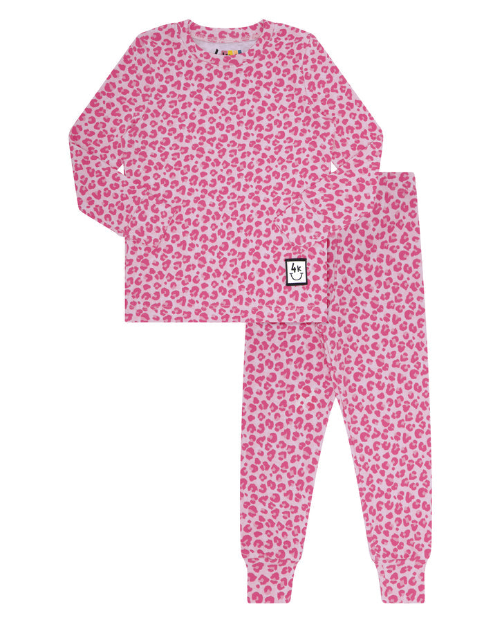 Kids pink leopard-print pajama set with long-sleeve top and matching jogger pants