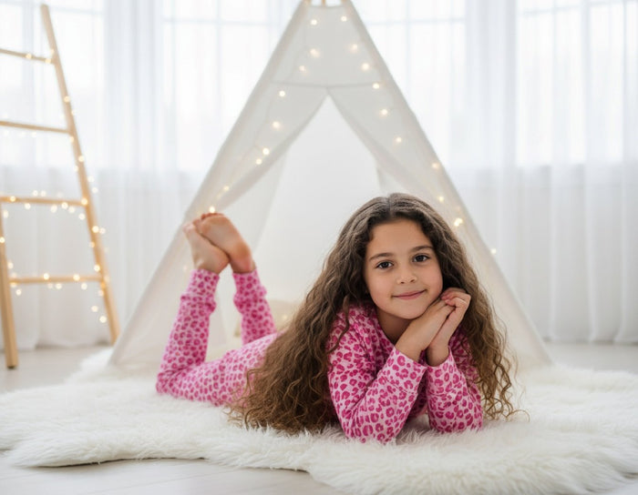 Kids pink leopard-print pajama set with long sleeves and matching pants