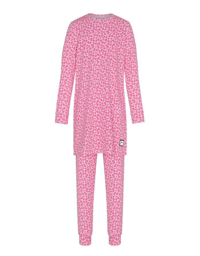 Kids pink leopard-print pajama set: long-sleeve tunic top and matching long pants