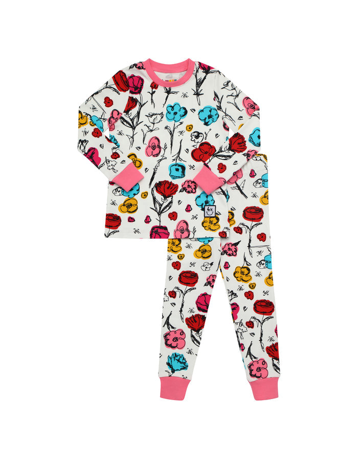 Kids long-sleeve pajama top and leggings set with colorful animal print, pink cuffs